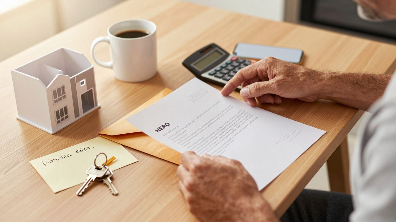 Homem lê documento numa mesa com maquete de casa, chave, calculadora e café.