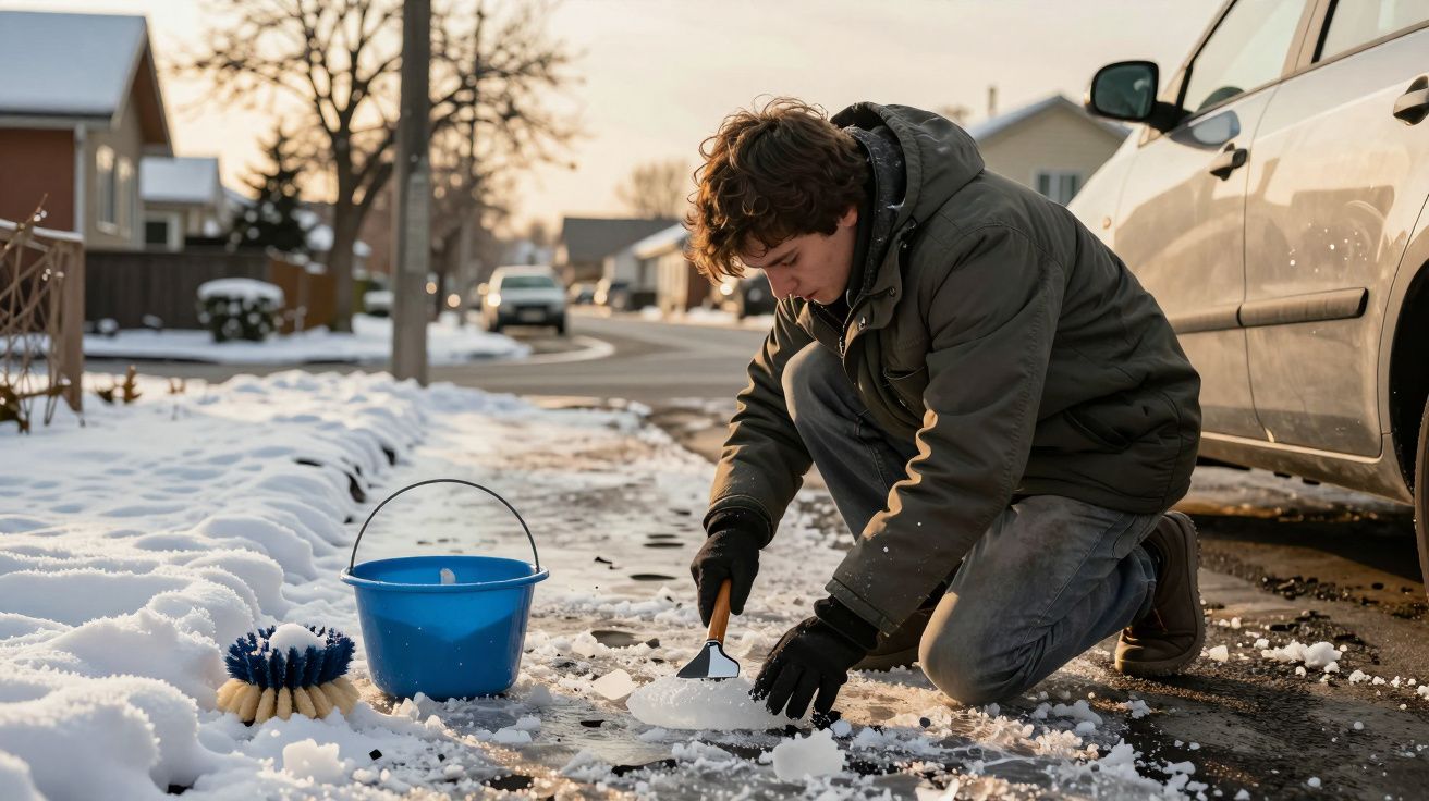 Rapaz de casaco verde a remover neve com uma pá numa rua suburbana, ao lado de um carro e um balde azul.