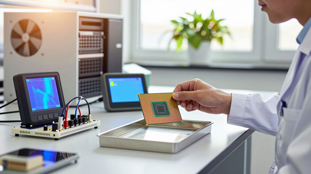 Cientista examina um chip de computador numa bandeja, rodeado por equipamentos eletrónicos e ecrãs modernos num laboratório.