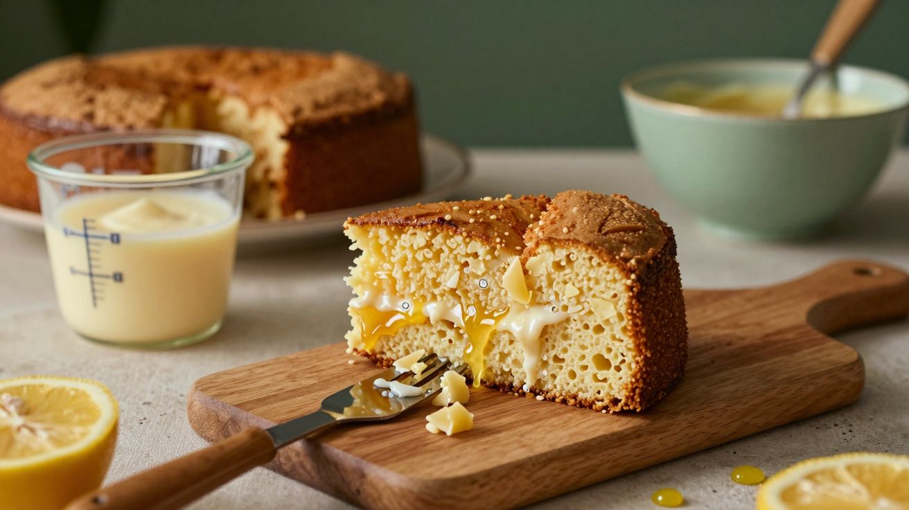 Fatia de bolo de limão numa tábua com molho cremoso e limão cortado ao lado. Bolo inteiro ao fundo.