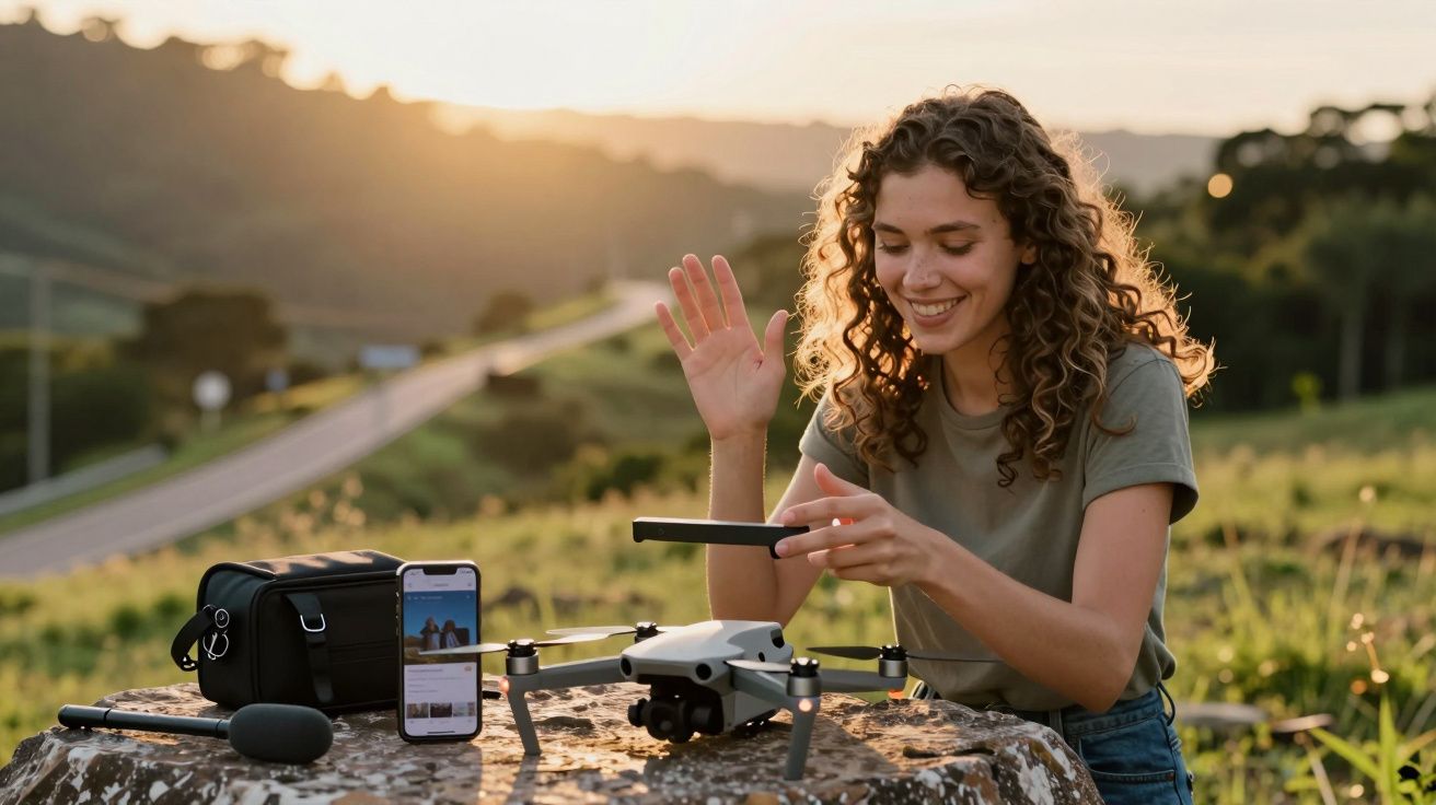 Mulher a controlar drone ao pôr do sol, sorriso, sentada em tronco com telefone e mala ao lado, estrada e campo ao fundo.
