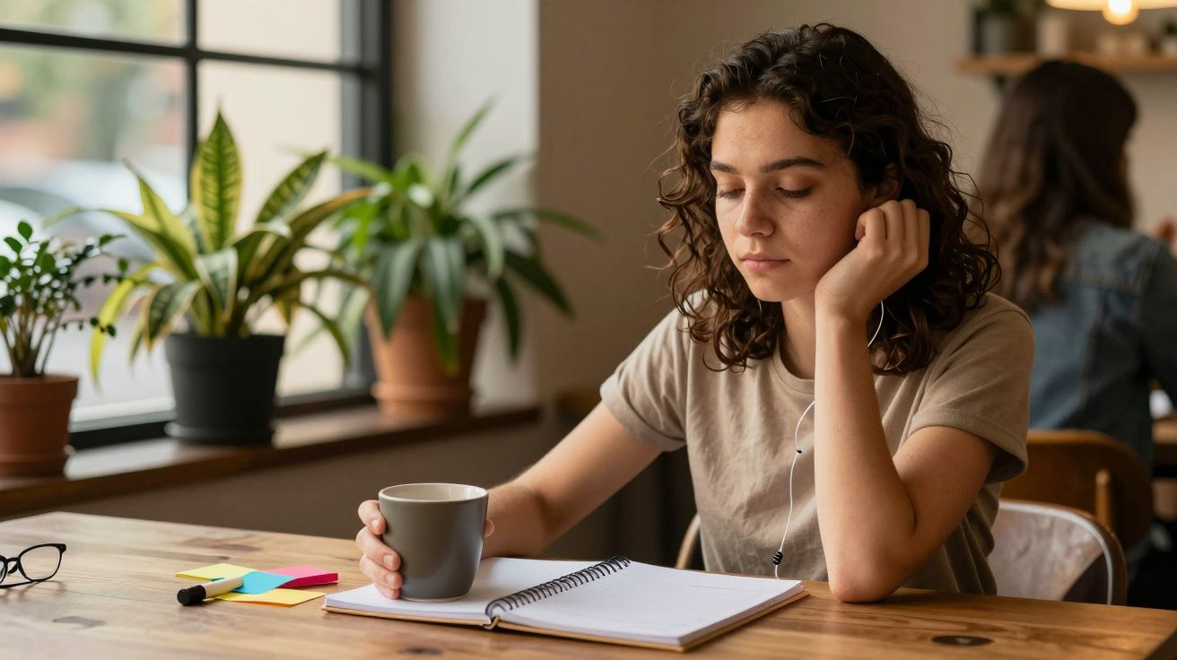 Mulher pensativa com chá, junto a caderno aberto e post-its coloridos, sentada em mesa de café com plantas ao fundo.