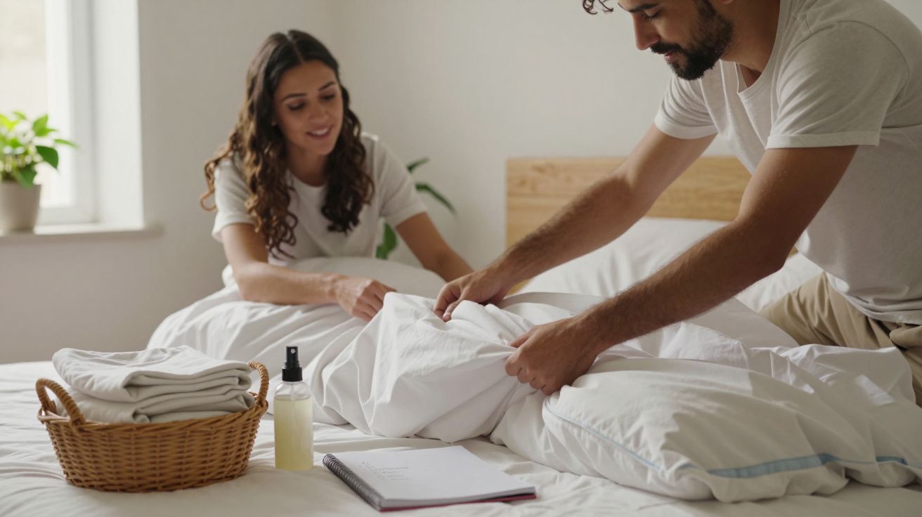 Casal a fazer a cama, sorridente. Há uma cesta com lençóis e um spray ao lado de um caderno na cama.