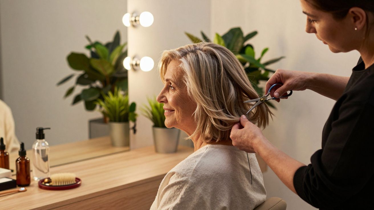 Mulher sorrindo a cortar o cabelo num salão de cabeleireiro, com plantas e espelho ao fundo.