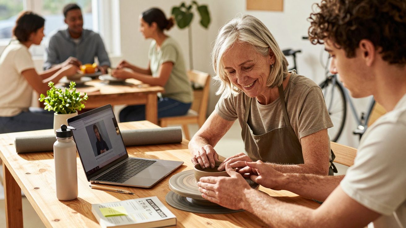 Mulher idosa ensina jovem a trabalhar com argila numa mesa, enquanto um computador e um livro estão ao lado.