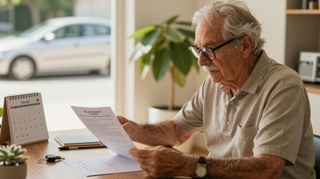 Senhor idoso de óculos lê um documento em mesa, com calendário e planta ao fundo.