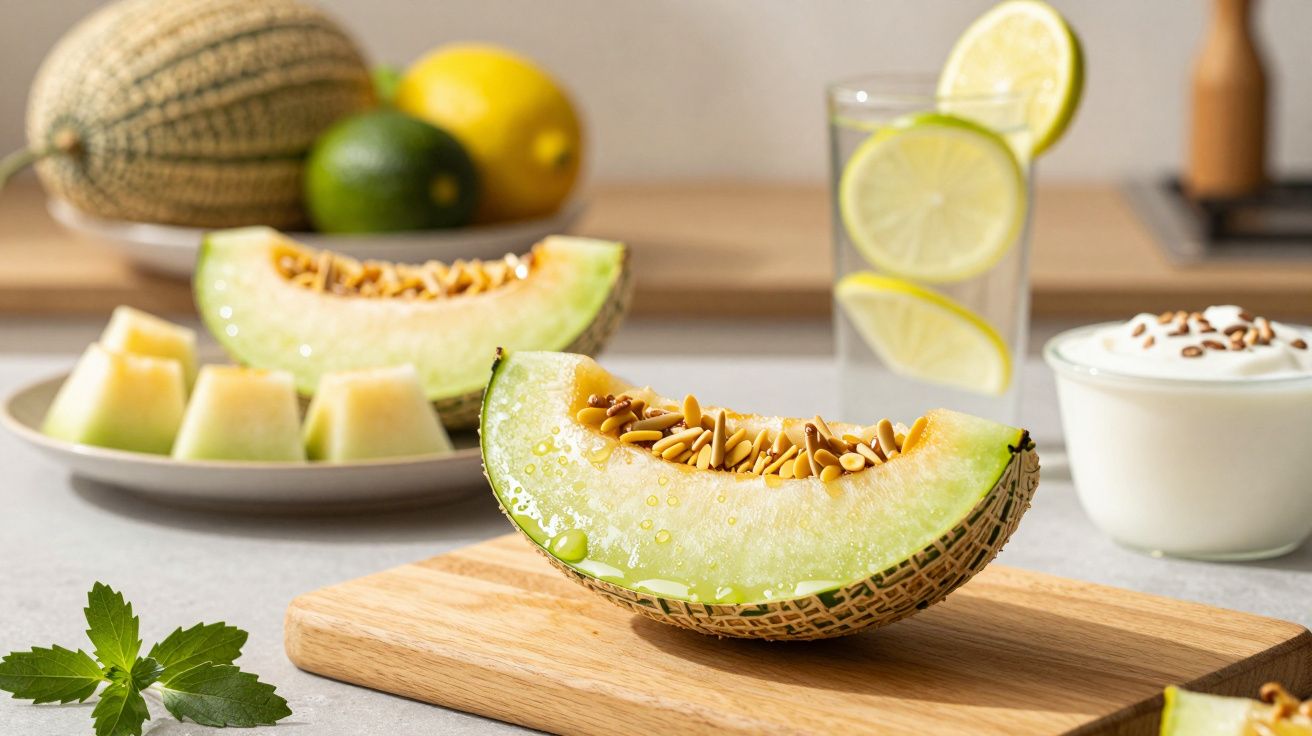 Fatia de melão com sementes sobre tábua; copo com limão, iogurte e frutas ao fundo.