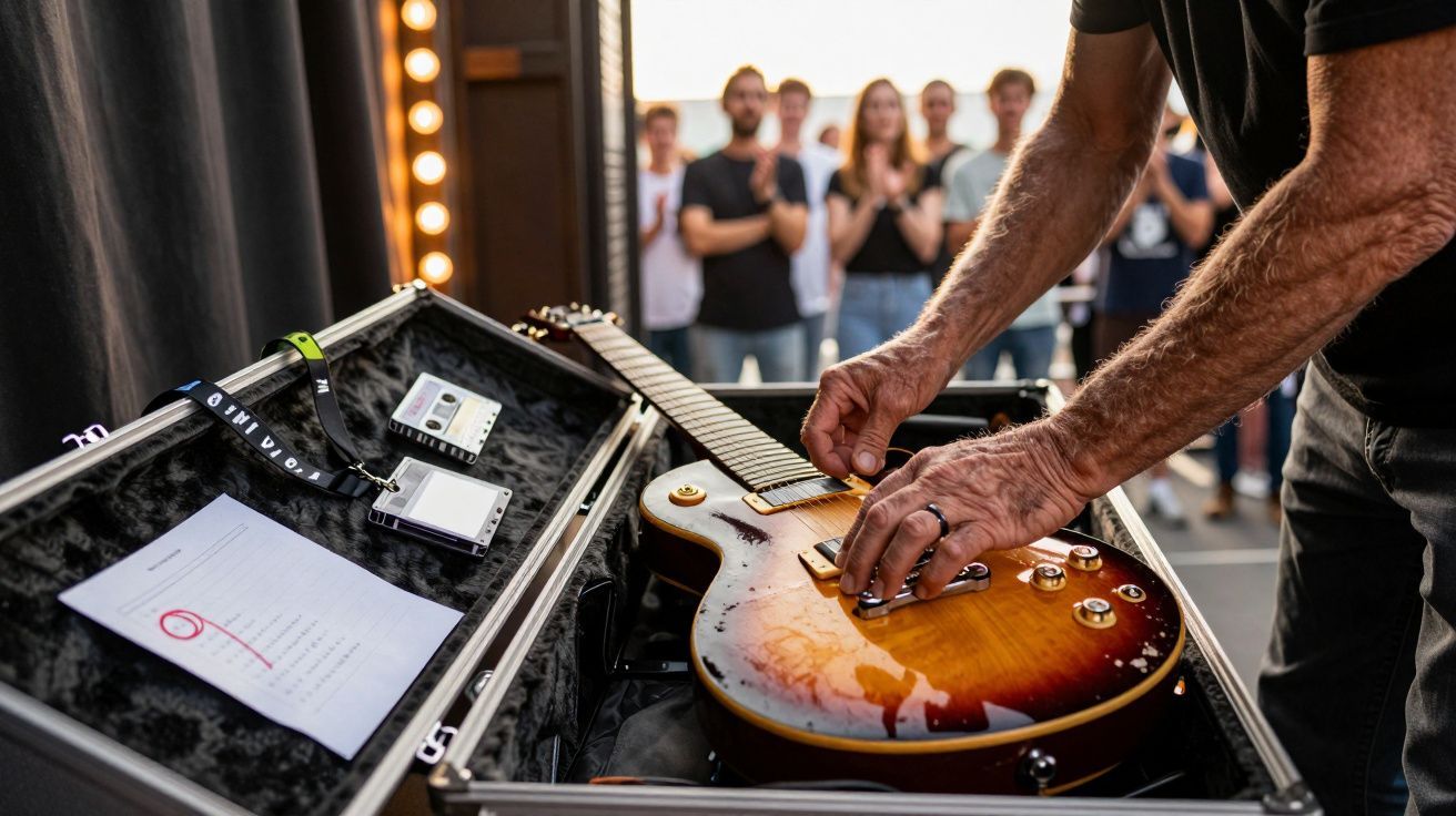 Pessoa ajusta guitarra elétrica num estojo aberto, com público desfocado ao fundo.