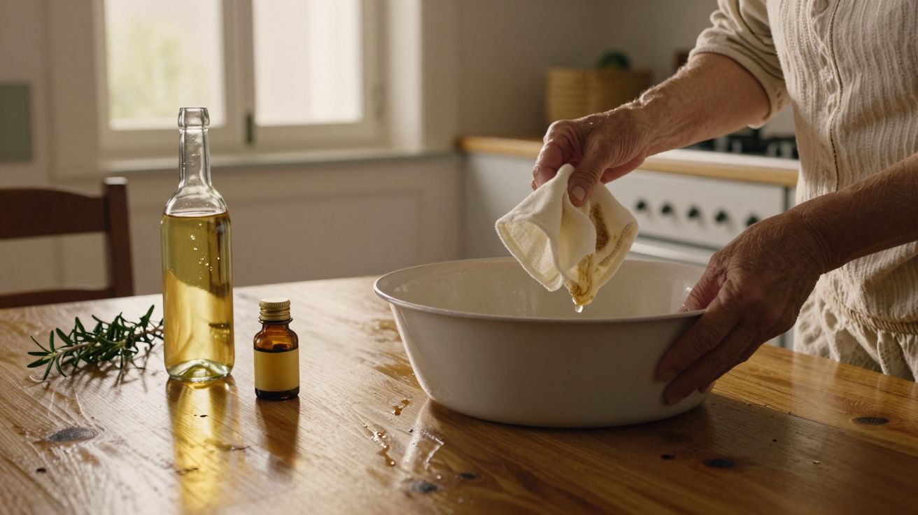 Pessoa exprime pano sobre bacia em cozinha iluminada, com garrafas de óleo e ramo de ervas na mesa de madeira.