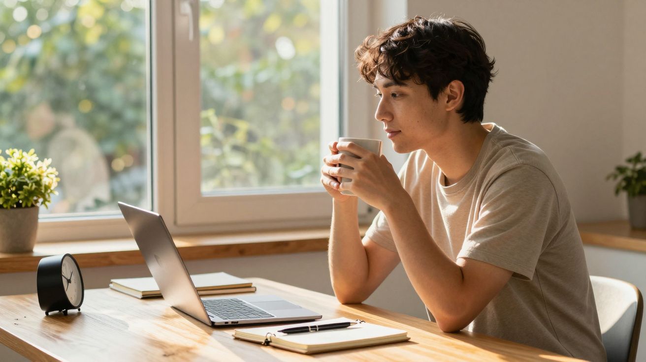 Homem sentado à mesa com portátil, caderno e chávena, olhando pela janela; relógio e plantas ao fundo.
