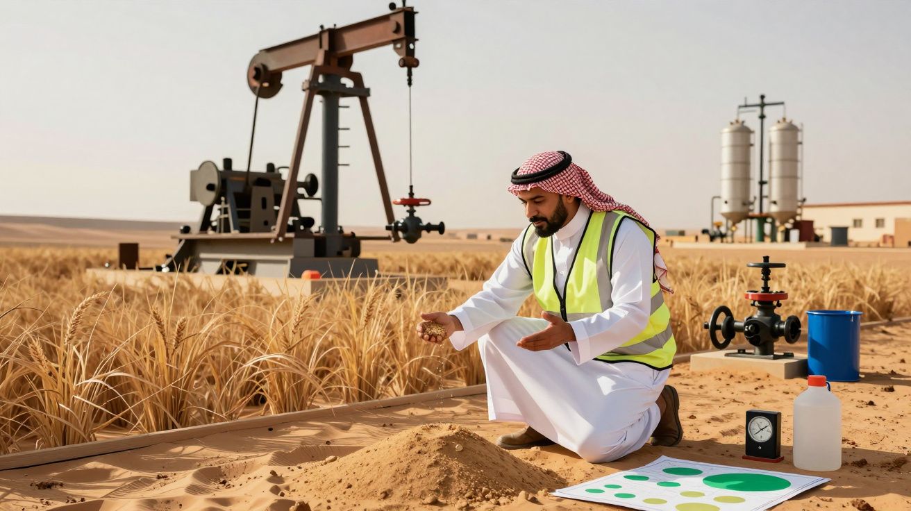 Homem de colete refletor ajoelha na areia, analisa solo com equipamentos. Plataforma de petróleo e tanques ao fundo no desert
