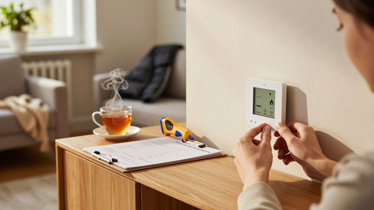 Pessoa ajusta termóstato moderno numa parede, com chá e documentos em cima de uma mesa ao lado.