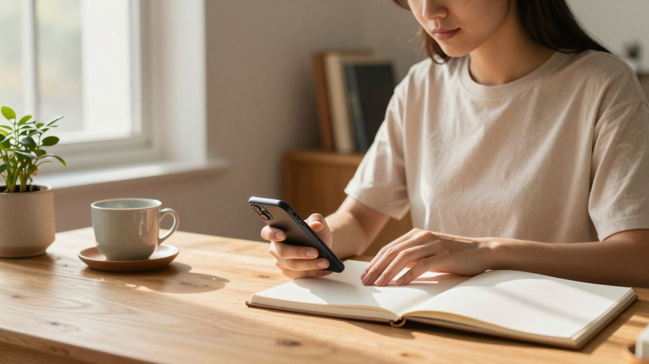 Mulher sentada à mesa, segurando um telemóvel e fazendo anotações num caderno aberto, ao lado de uma chávena.