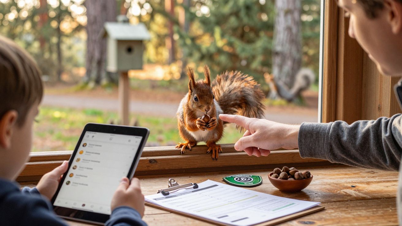 Menino observa esquilo na janela com uma bolota nas patas, enquanto uma pessoa o aponta com o dedo.