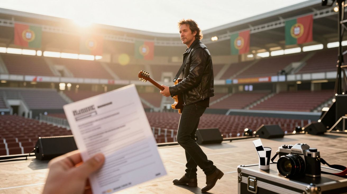 Músico toca guitarra no palco de estádio vazio durante passagem de som, enquanto pessoa segura papel em primeiro plano.
