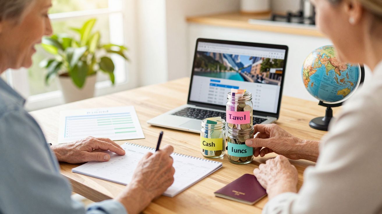 Duas pessoas organizam finanças com frascos de poupança e um computador portátil ao fundo, em cima de uma mesa.