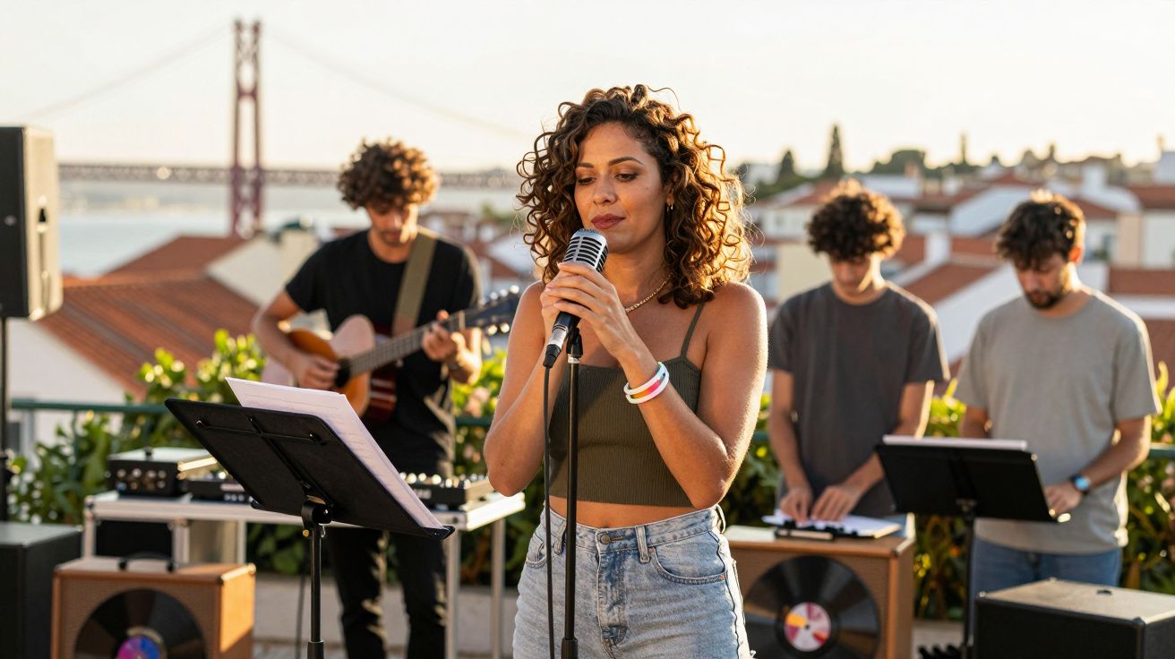Mulher canta numa varanda em Lisboa, acompanhada por três músicos com instrumentos, ao fundo vista da ponte.