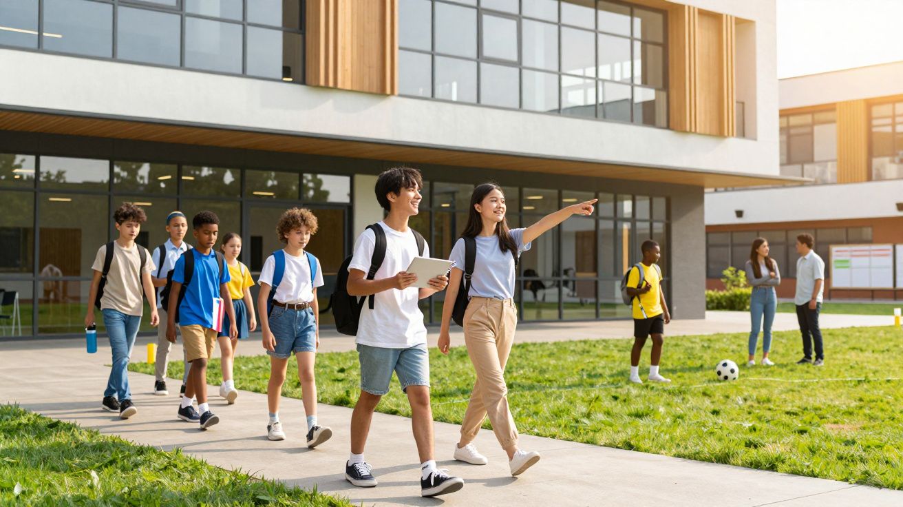 Grupo de estudantes a caminhar num campus escolar ensolarado, com mochilas, junto a um edifício moderno.