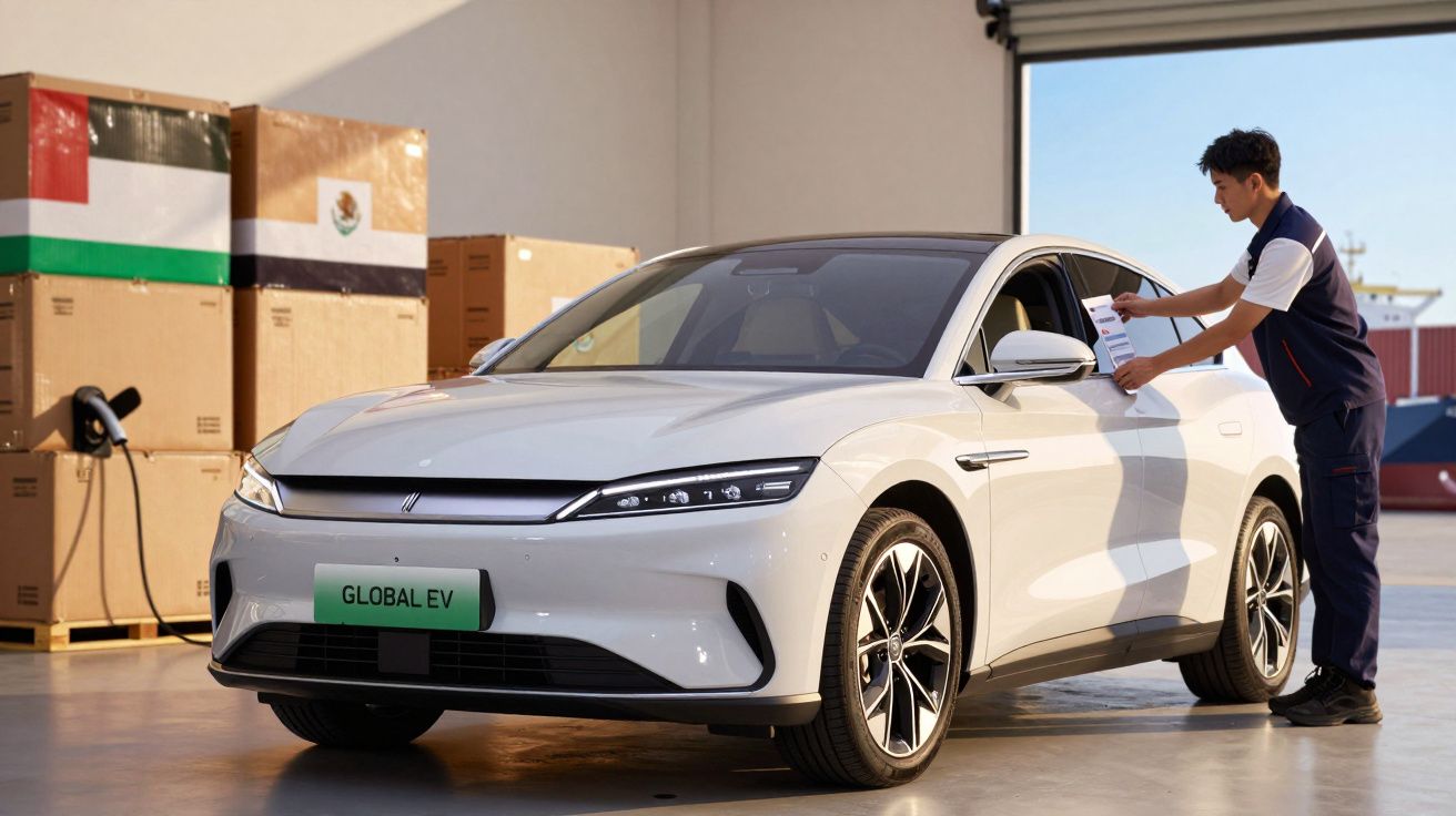 Homem verifica documento em carro elétrico branco num armazém com caixas ao fundo.