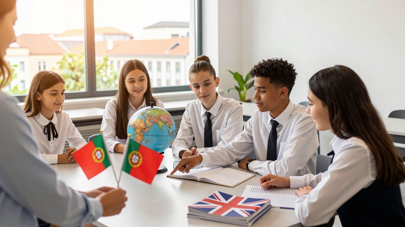 Estudantes em sala de aula discutindo ao redor de um globo terrestre, com bandeiras de Portugal e Reino Unido na mesa.