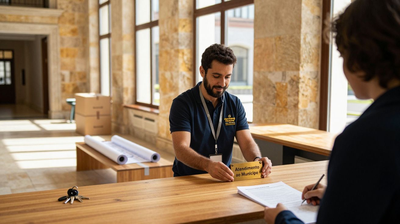 Funcionário de balcão ajuda pessoa com papéis num espaço iluminado por janelas grandes.