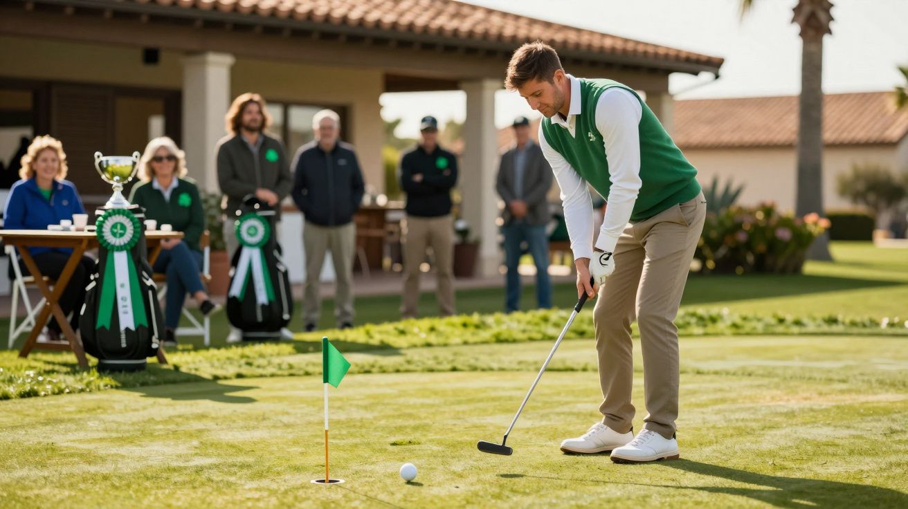 Jogador de golfe a executar um putt no green, enquanto público e troféus são visíveis ao fundo.