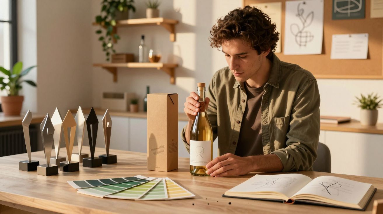Homem sentado em mesa com garrafa de vinho, caderno aberto, amostras de cor e troféus numa sala iluminada.