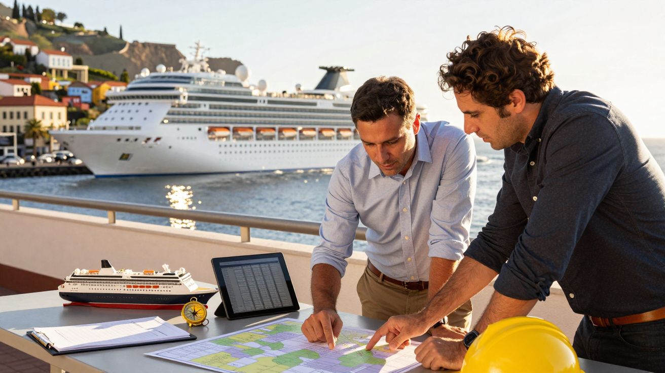 Dois homens analisam mapas numa mesa ao ar livre junto a um navio de cruzeiro no porto.