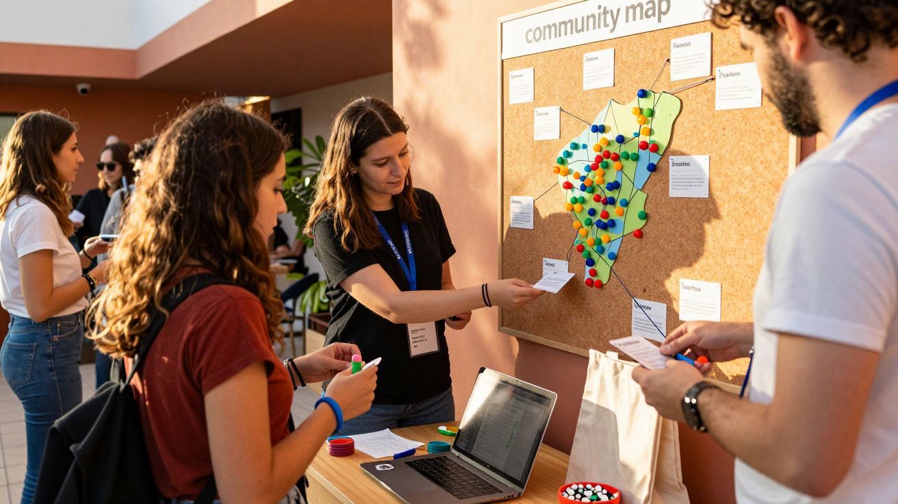Pessoas interagindo com mapa comunitário num evento, colocando piones coloridos em locais específicos. Computador sobre a mes