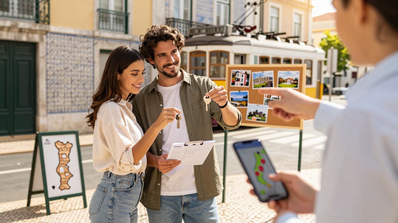 Casal segura chaves e documentos em frente a elétrico em rua portuguesa, com pessoa indicando caminho no telemóvel.