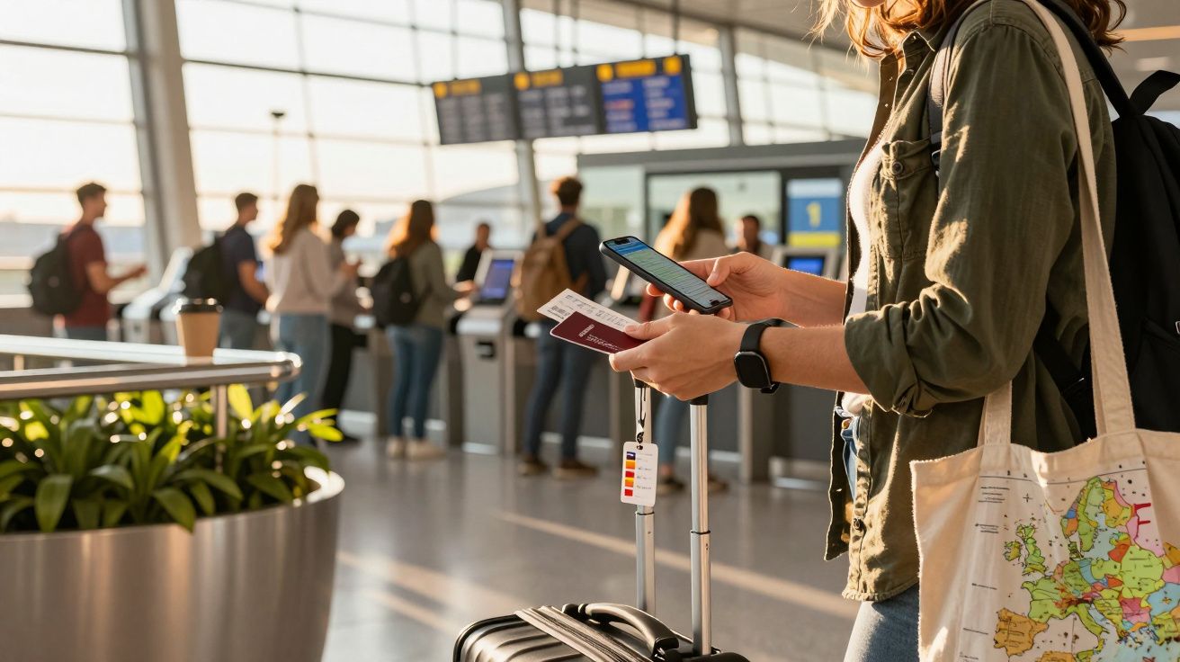 Pessoa no aeroporto com passaporte e telemóvel, malas ao lado, e painel de voos ao fundo.