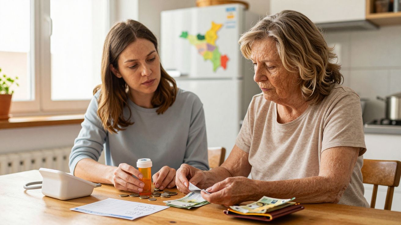 Duas mulheres numa cozinha, uma segurando remédios e a outra contando dinheiro com notas e moedas sobre a mesa.