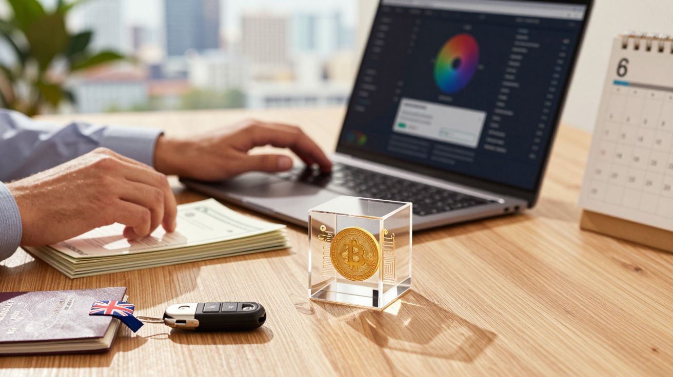 Pessoa ao computador com moeda Bitcoin em caixa, chaves de carro e passaporte sobre a mesa.