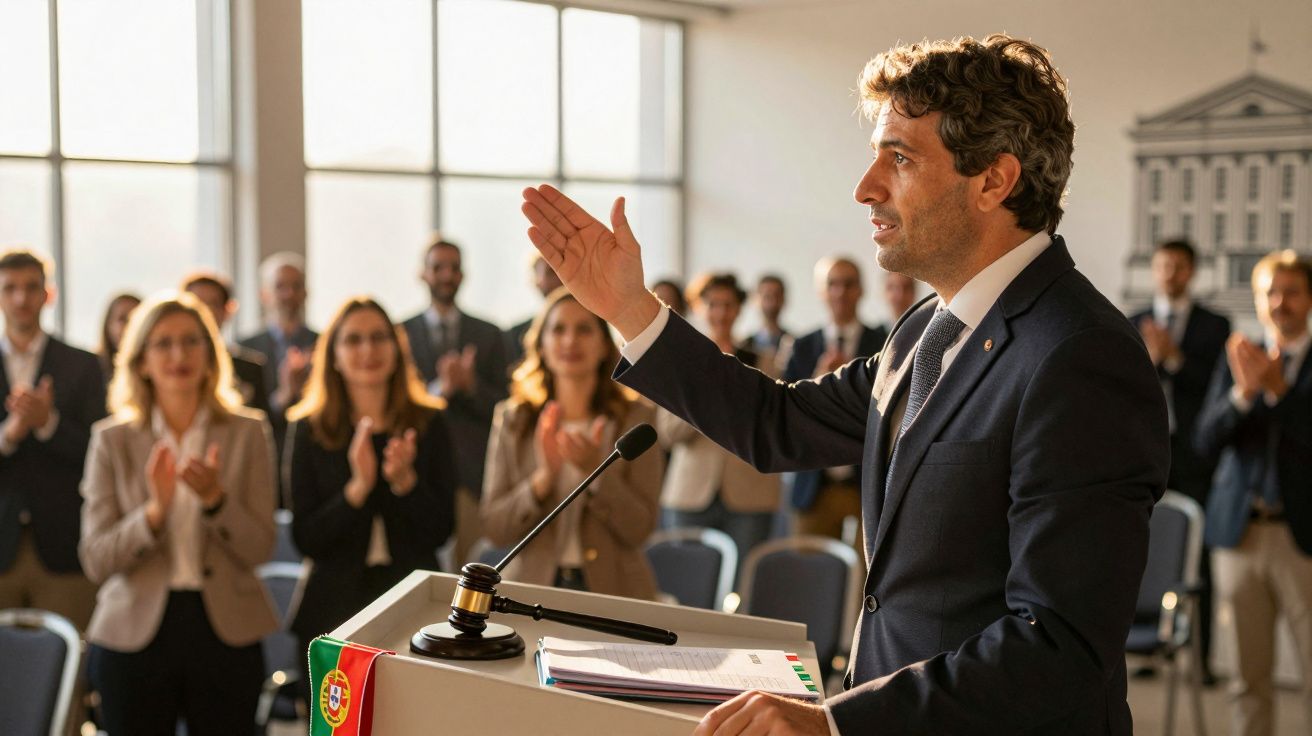 Homem em fato e gravata discursando num pódio, público ao fundo aplaudindo em pé.