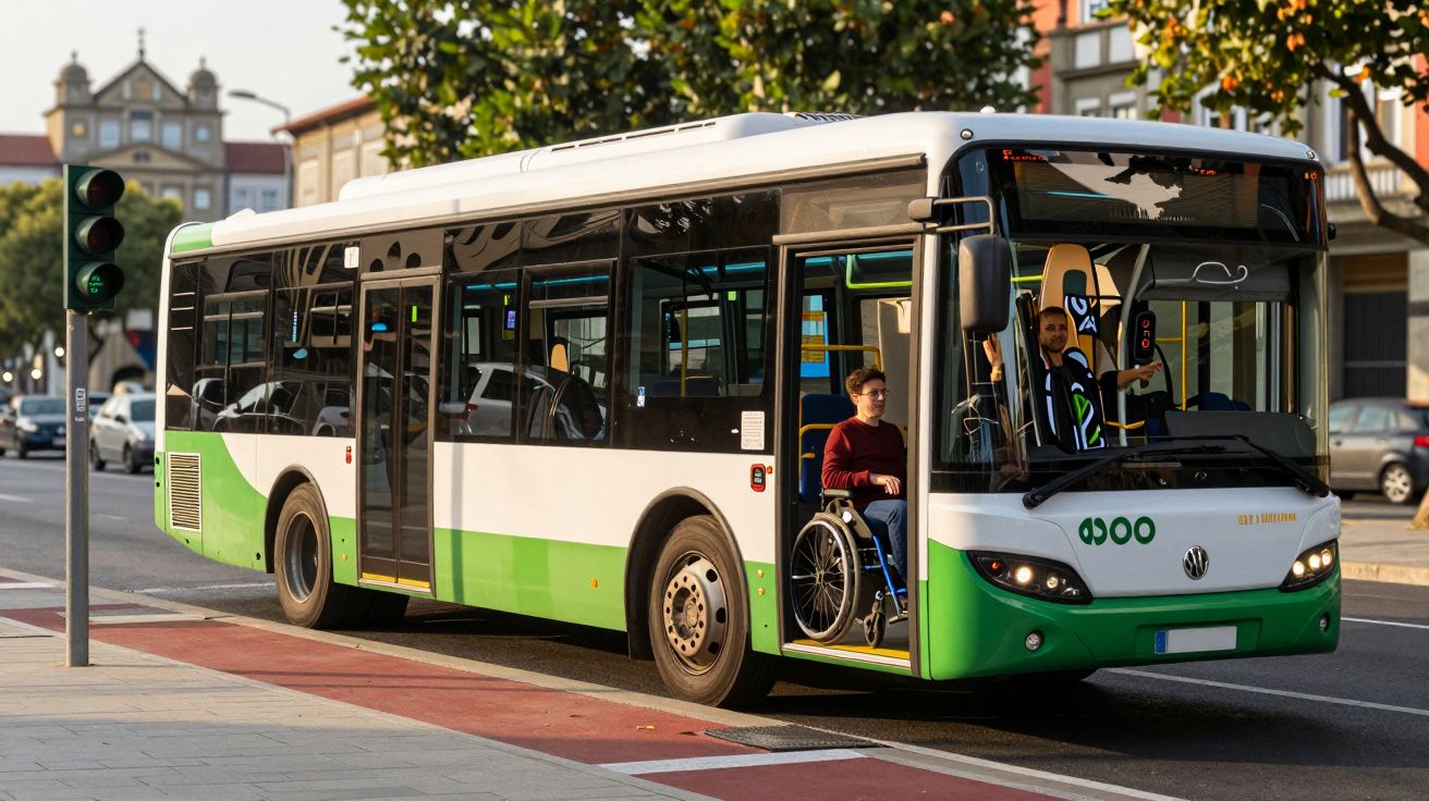 Autocarro verde e branco parado com uma pessoa em cadeira de rodas a sair por uma rampa, num dia ensolarado.