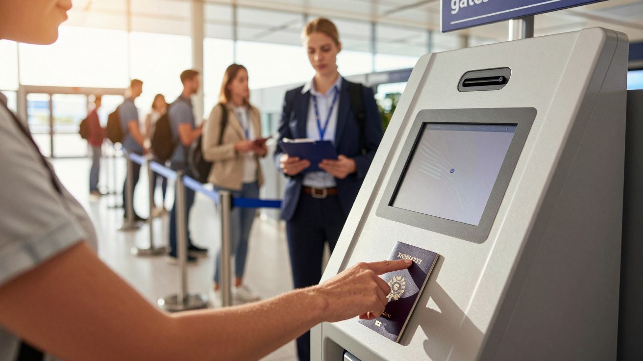 Pessoa a usar quiosque automático de verificação de passaporte no aeroporto, com fila de pessoas ao fundo.