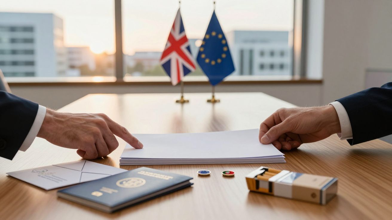 Duas mãos seguram documentos em mesa com bandeiras do Reino Unido e União Europeia ao fundo.