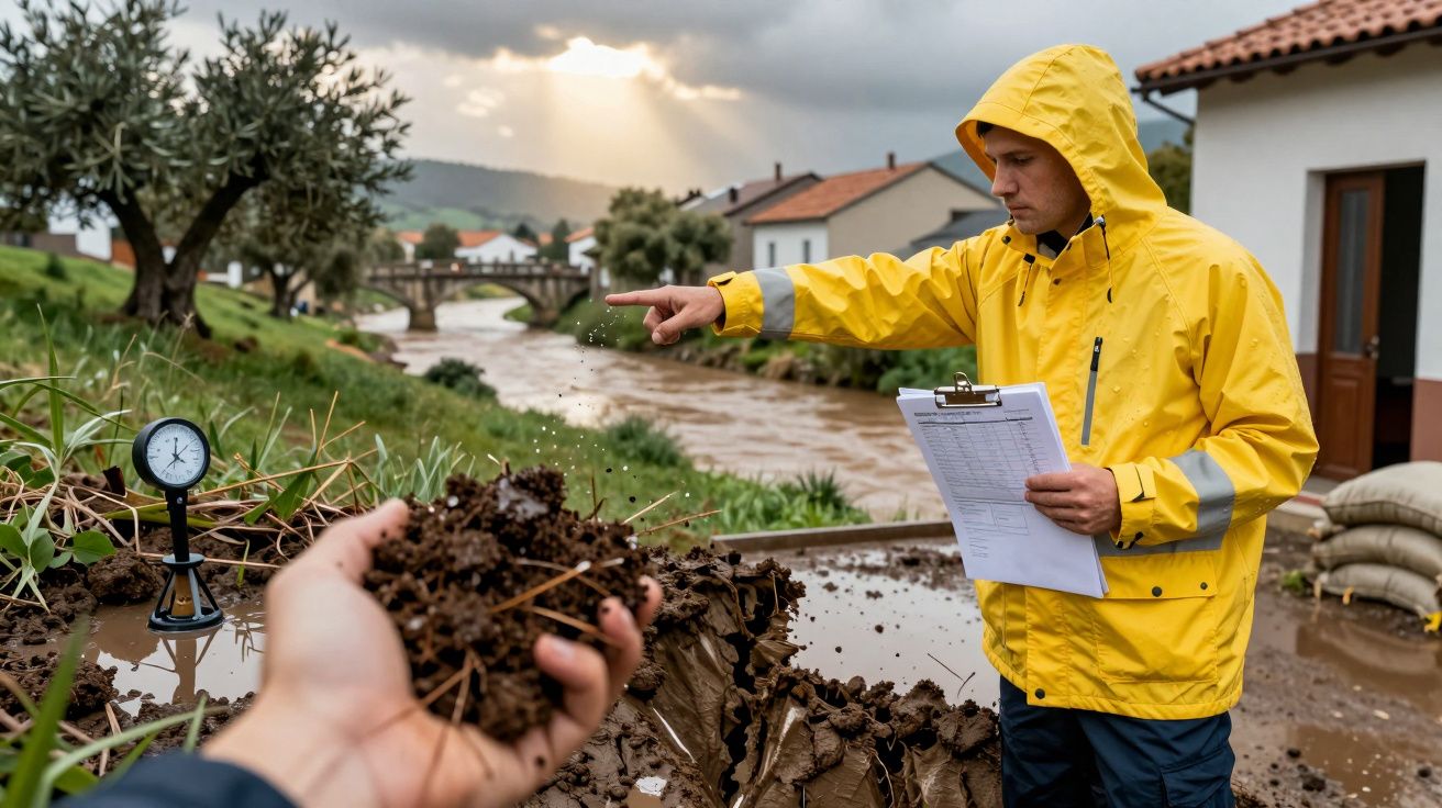 Homem de impermeável amarelo analisa terreno erodido junto a rio, segurando documentos, céu nublado ao fundo.