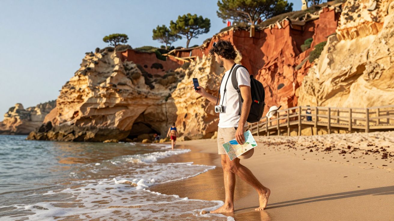 Homem na praia, descalço, com mochila e mapa, tirando fotos ao lado de falésias e mar.