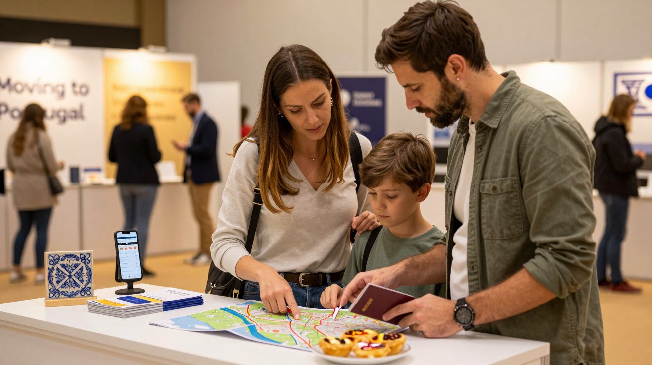 Família consulta mapa numa feira em Portugal, com telemóvel e bandeja de pastéis de nata sobre a mesa.