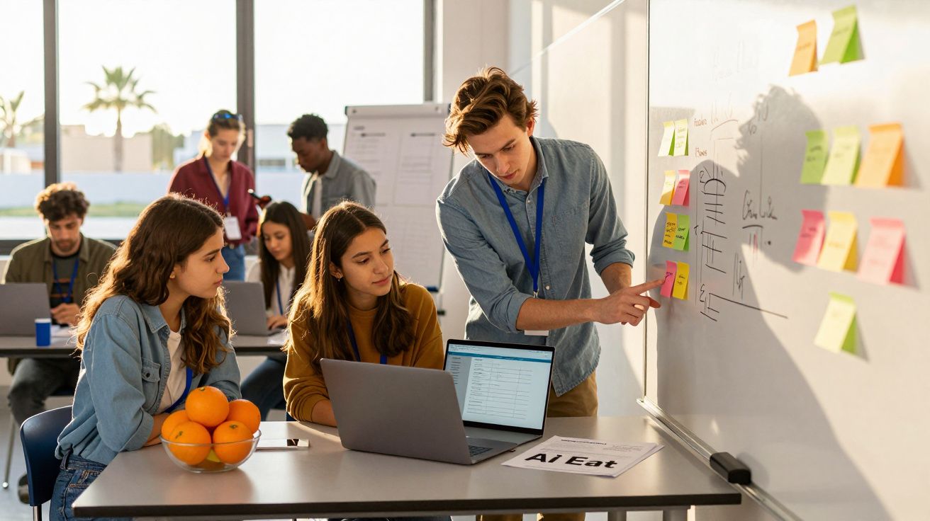 Grupo de jovens a discutir ideias em sala de aula, com quadros-brancos e portáteis ao fundo.