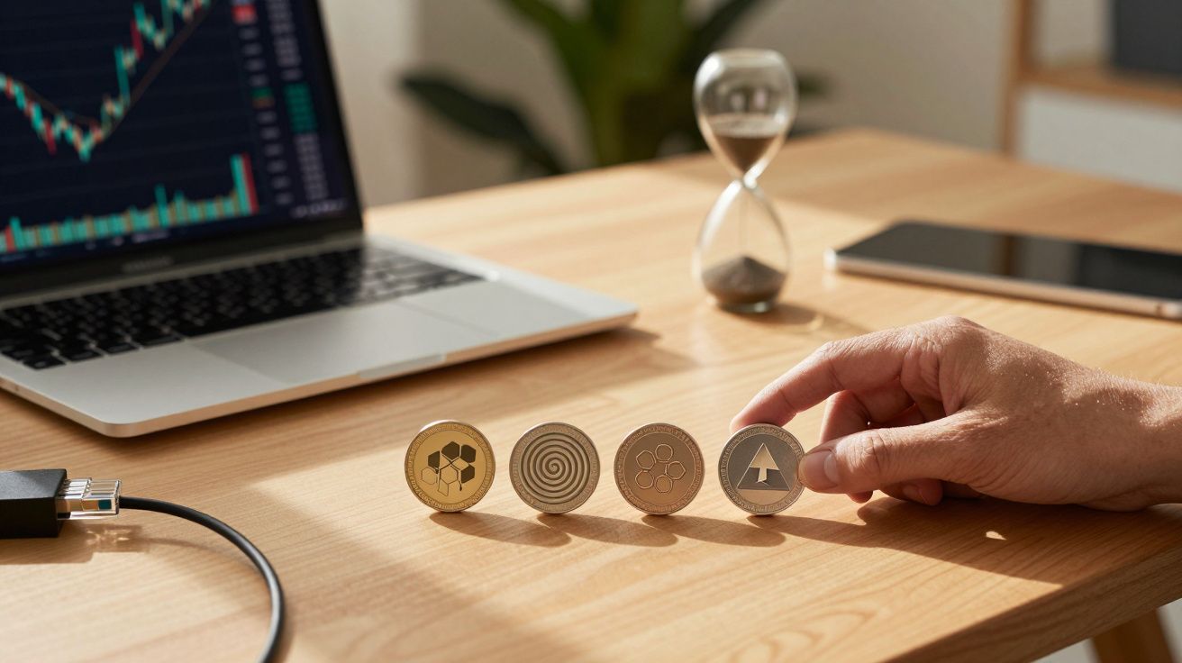 Computador com gráficos, moedas de criptomoeda e ampulheta em mesa de madeira. Mão segurando uma moeda.