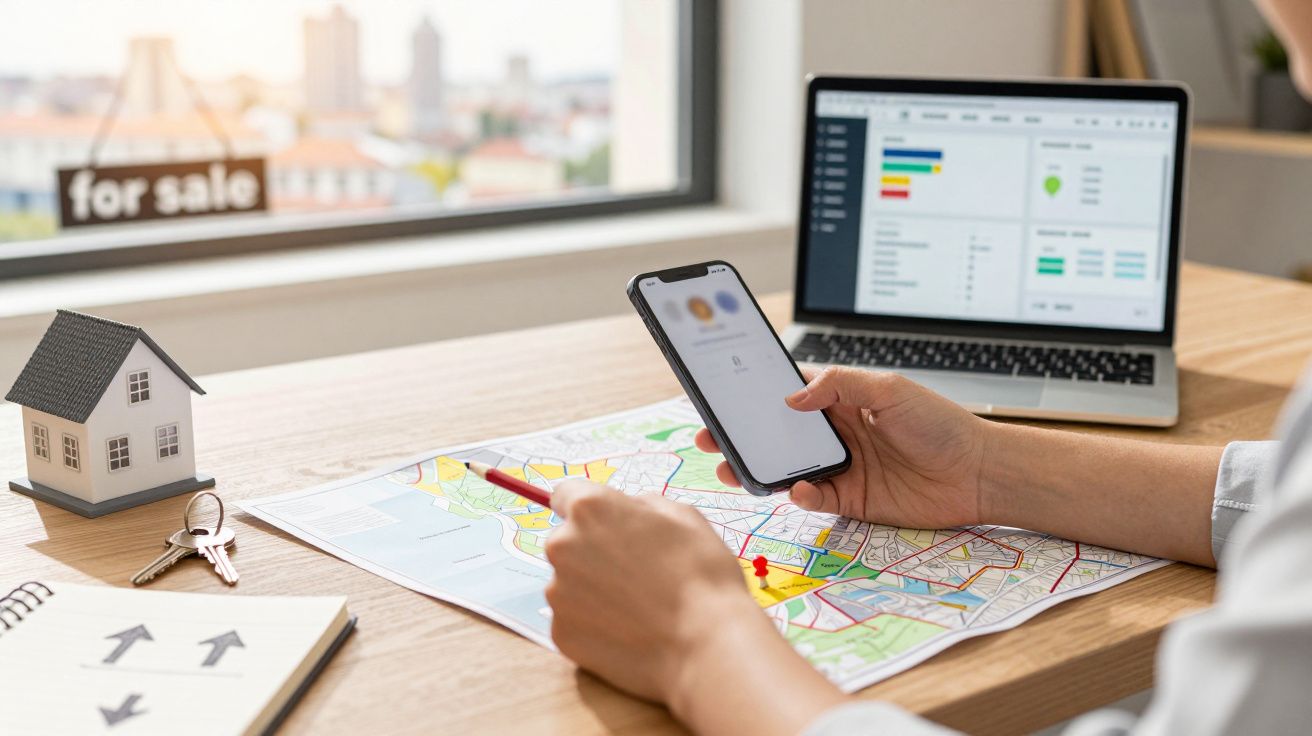 Pessoa usando smartphone e mapa sobre mesa, com computador ao fundo. Modelo de casa ao lado, janela com cartaz "for sale".