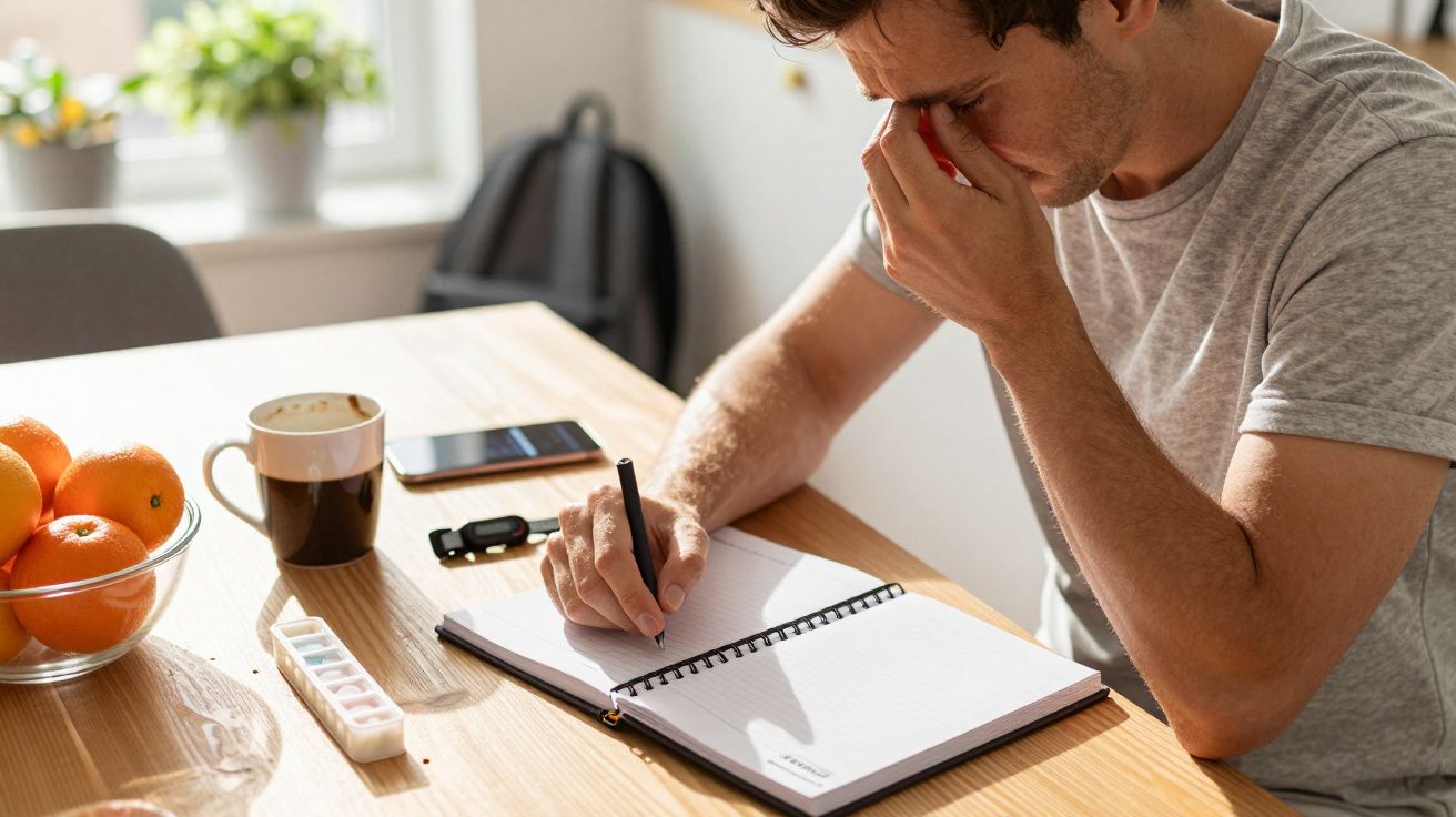 Homem preocupado escreve em caderno na cozinha; fruta e chávena ao lado.