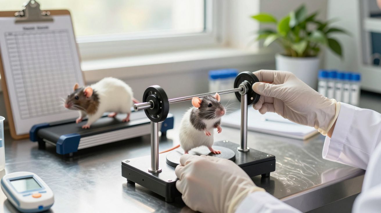 Dois ratos num laboratório; um numa esteira, outro num dispositivo de teste, com cientista a observar.
