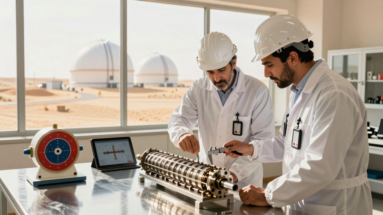 Dois cientistas de capacete analisam equipamento metálico laboratorial com telescópios ao fundo através da janela.