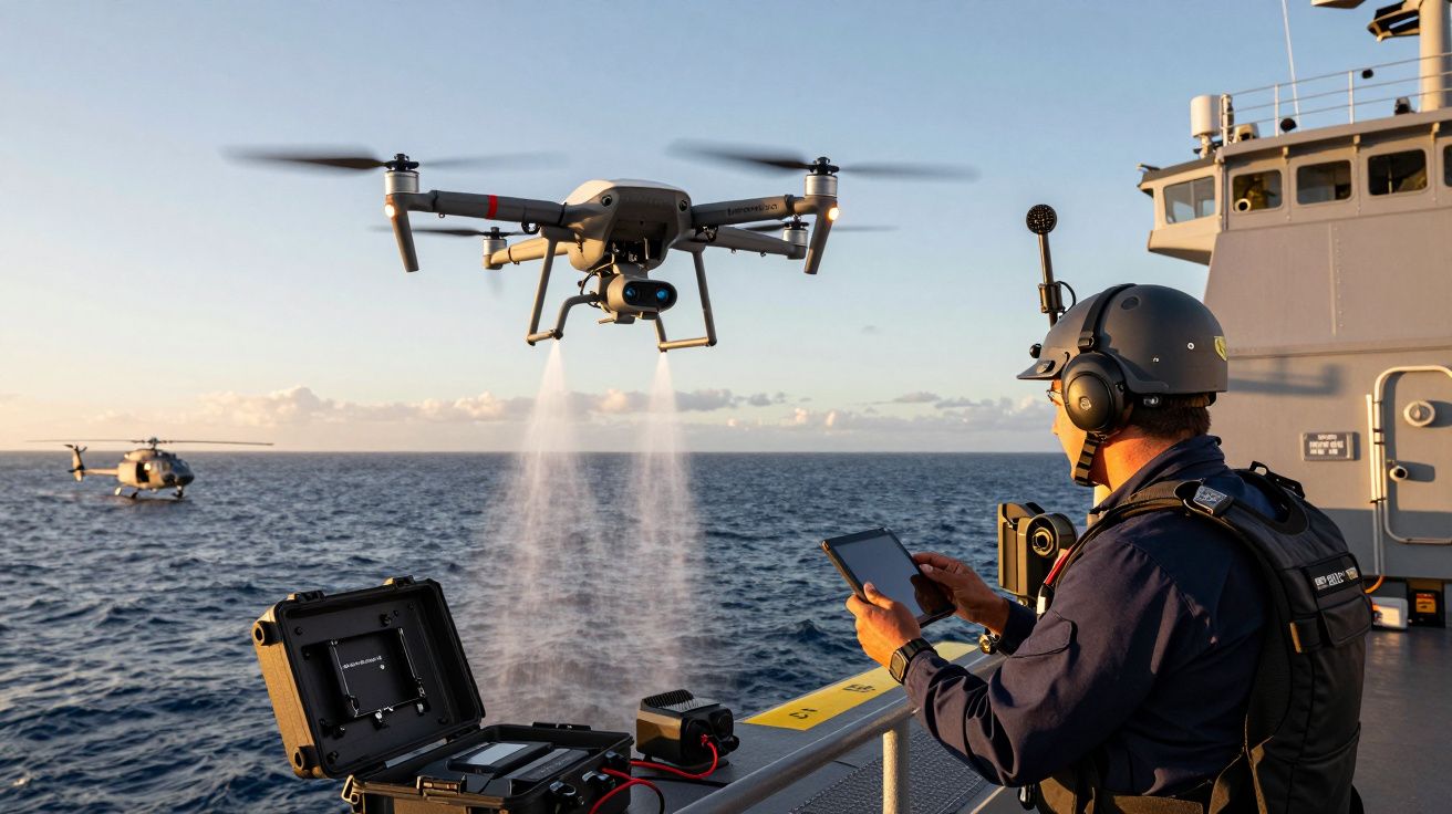 Operador controla drone num navio, em missão marítima ao pôr do sol. Helicóptero visível ao fundo sobre o mar.