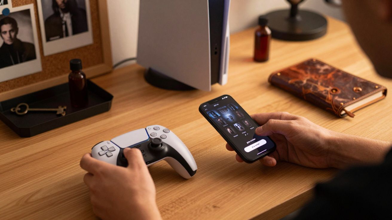 Pessoa segurando um comando de videojogo e um smartphone, em frente a uma consola, numa secretária de madeira.