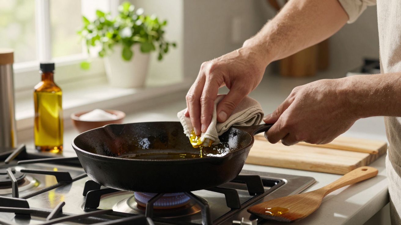 Mãos a limpar uma frigideira de ferro com um pano ao lado de um frasco de óleo numa cozinha iluminada pelo sol.