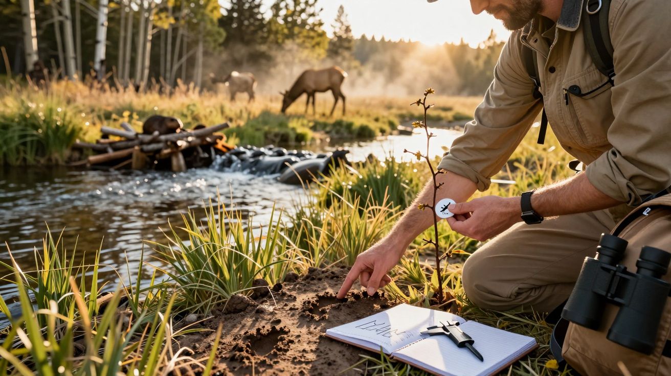 Investigador observa pegada animal junto a um rio, com alce ao fundo. Equipamento e caderno estão no chão.